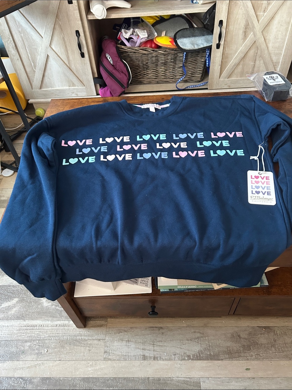 P.J. Salvage Navy Sweatshirt with Pastel Love Print